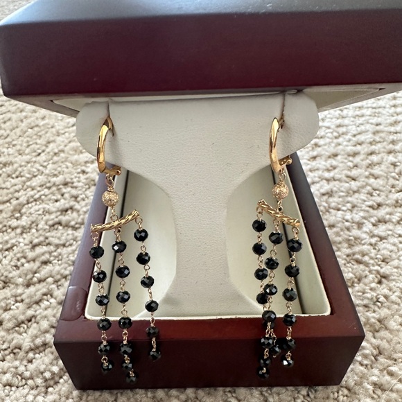 14KT Yellow Gold 3 Row Black Spinel Earrings - Picture 3 of 7